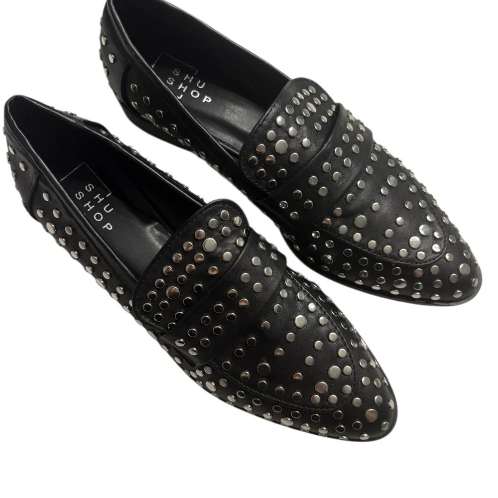 🖤 NWT Shu Shop Titina Black Studded Loafers Womens Size 6.5 New Edgy Modern‎